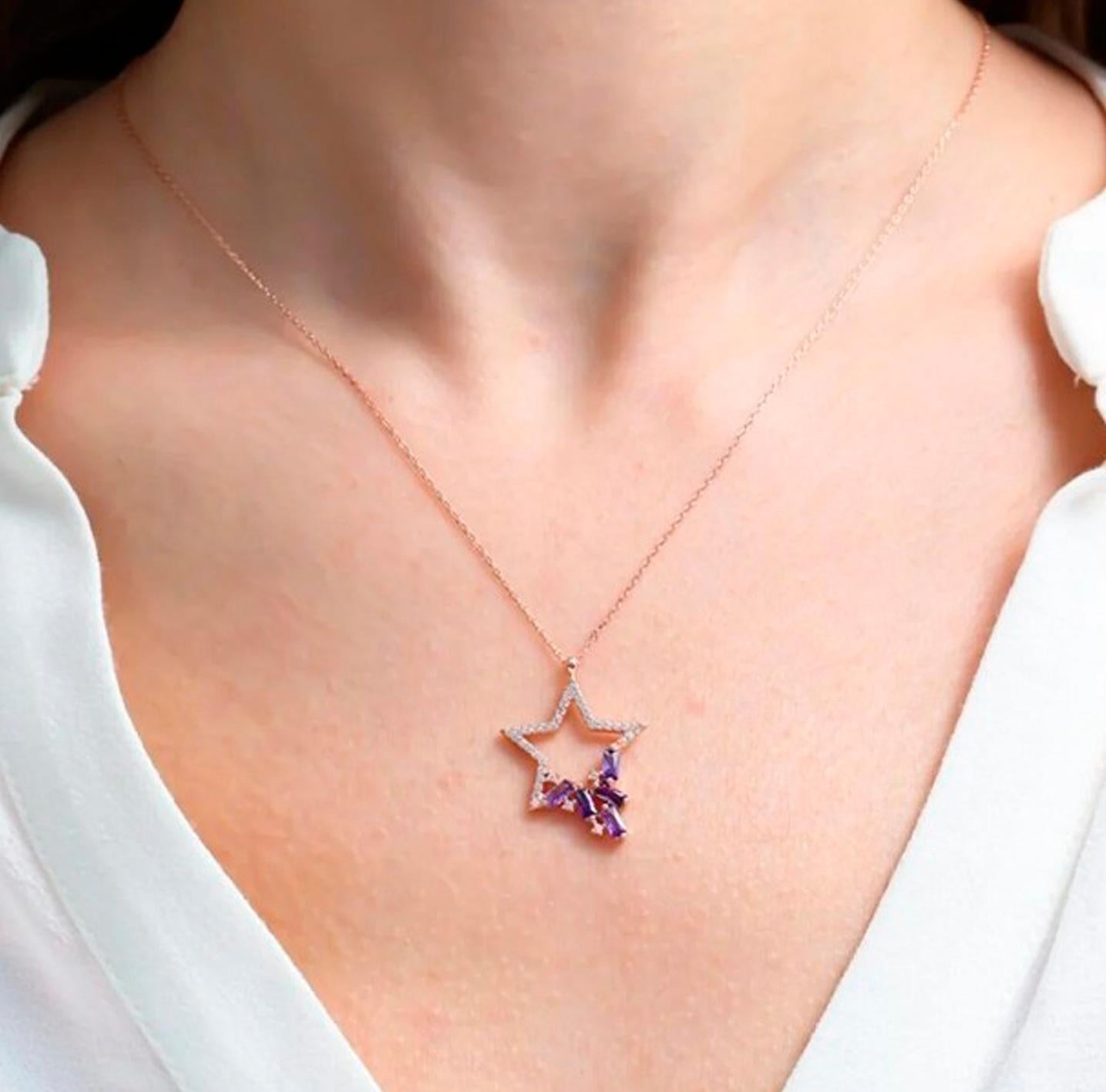 1ct Baguette Natural Purple Amethyst Star Pendant 14K SOLID Yellow Gold NO CHAIN