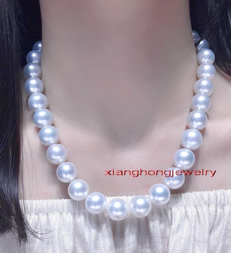 Australia TOP 18”13-15mm round natural REAL south sea white pearl necklace 14k