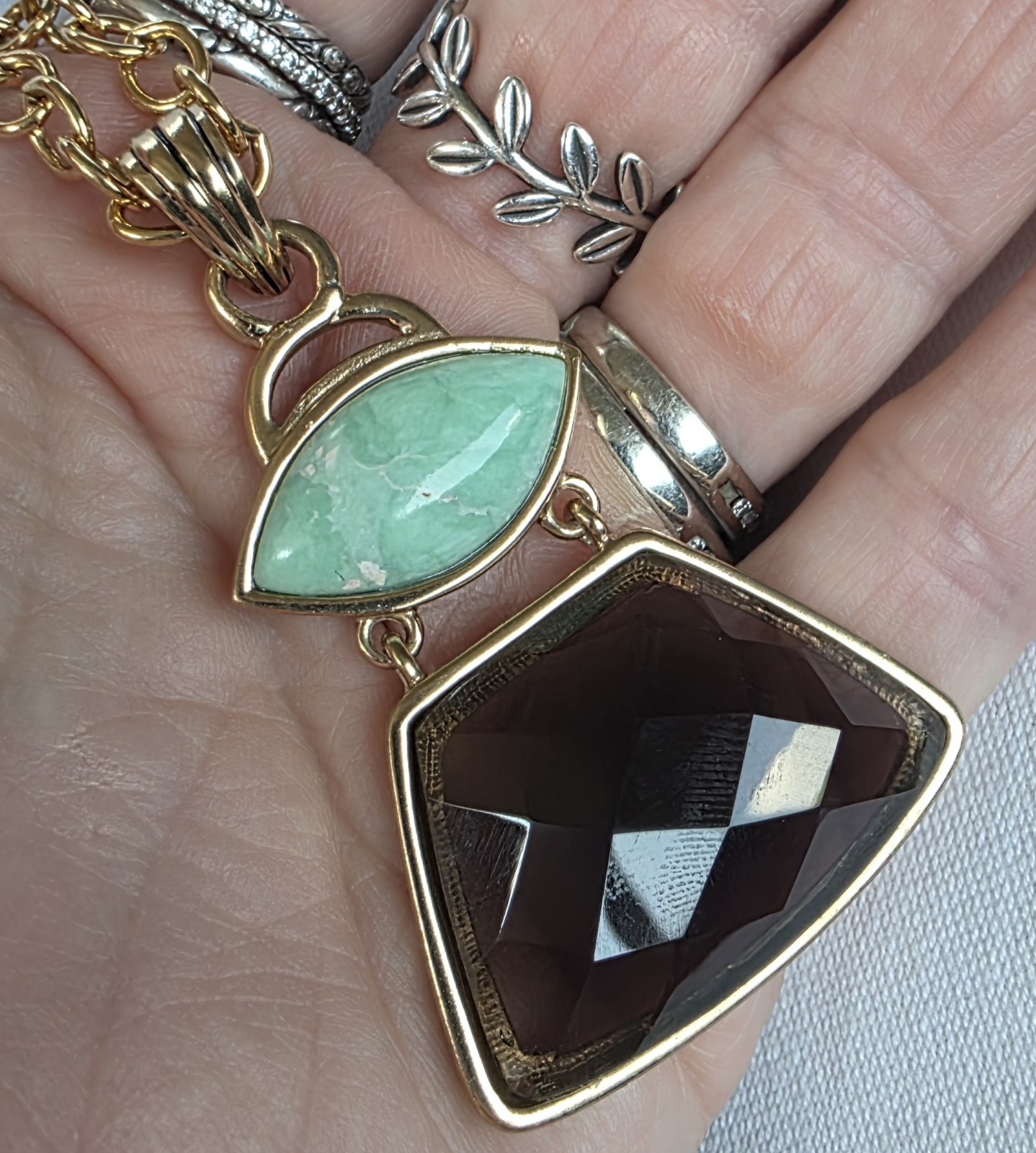 long Designer “BARSE” faceted Smoky Quartz or Jasper? Bronze Necklace adjustable