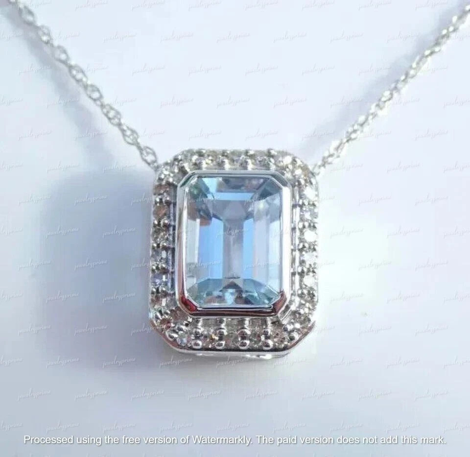 Lab Created 2Ct Emerald Cut Aquamarine Halo Pendant 14K White Gold Plated Silver