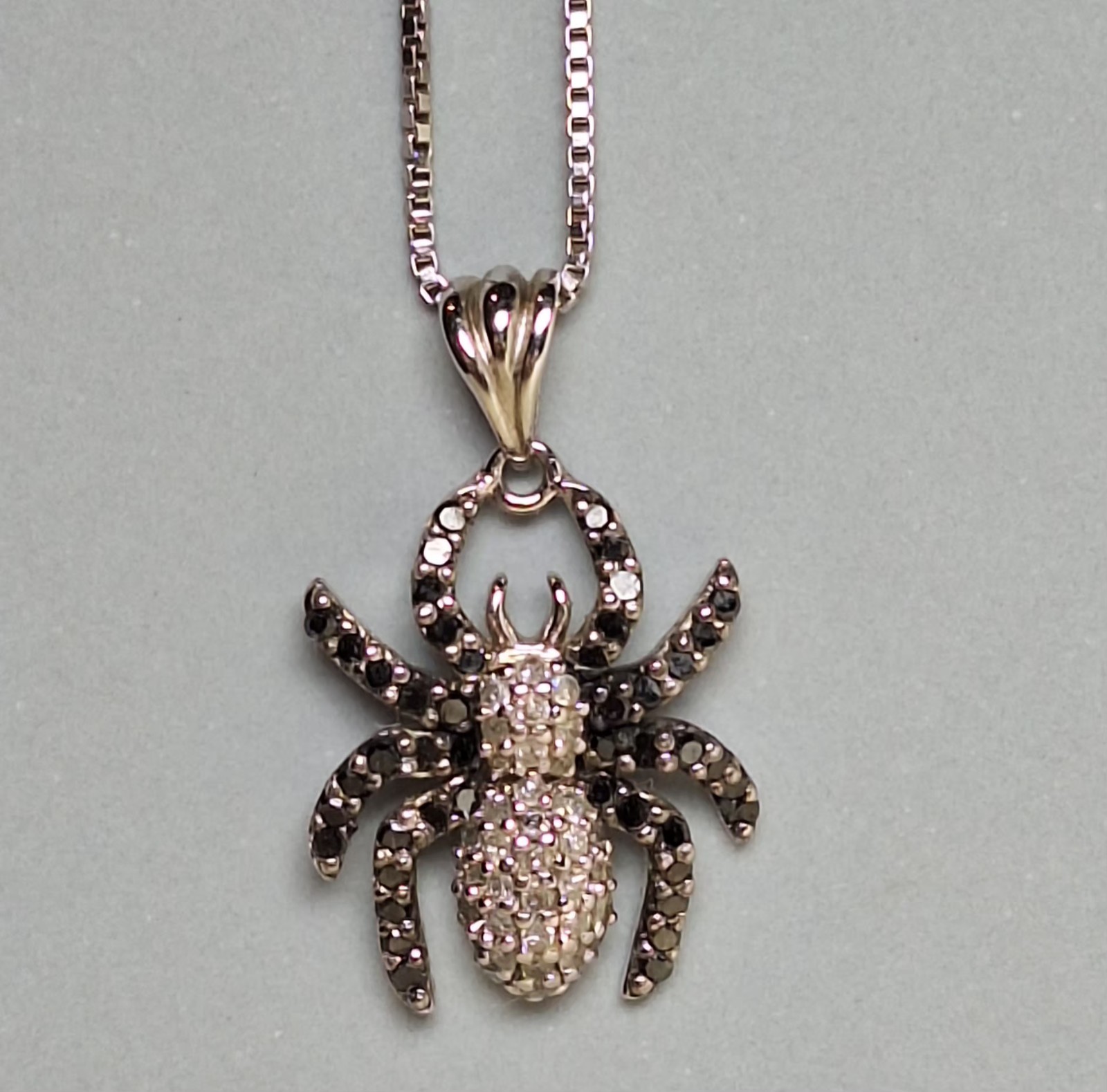 Sterling Silver White, Black Diamond Spider Charm With 18″ Sterling Silver Chain