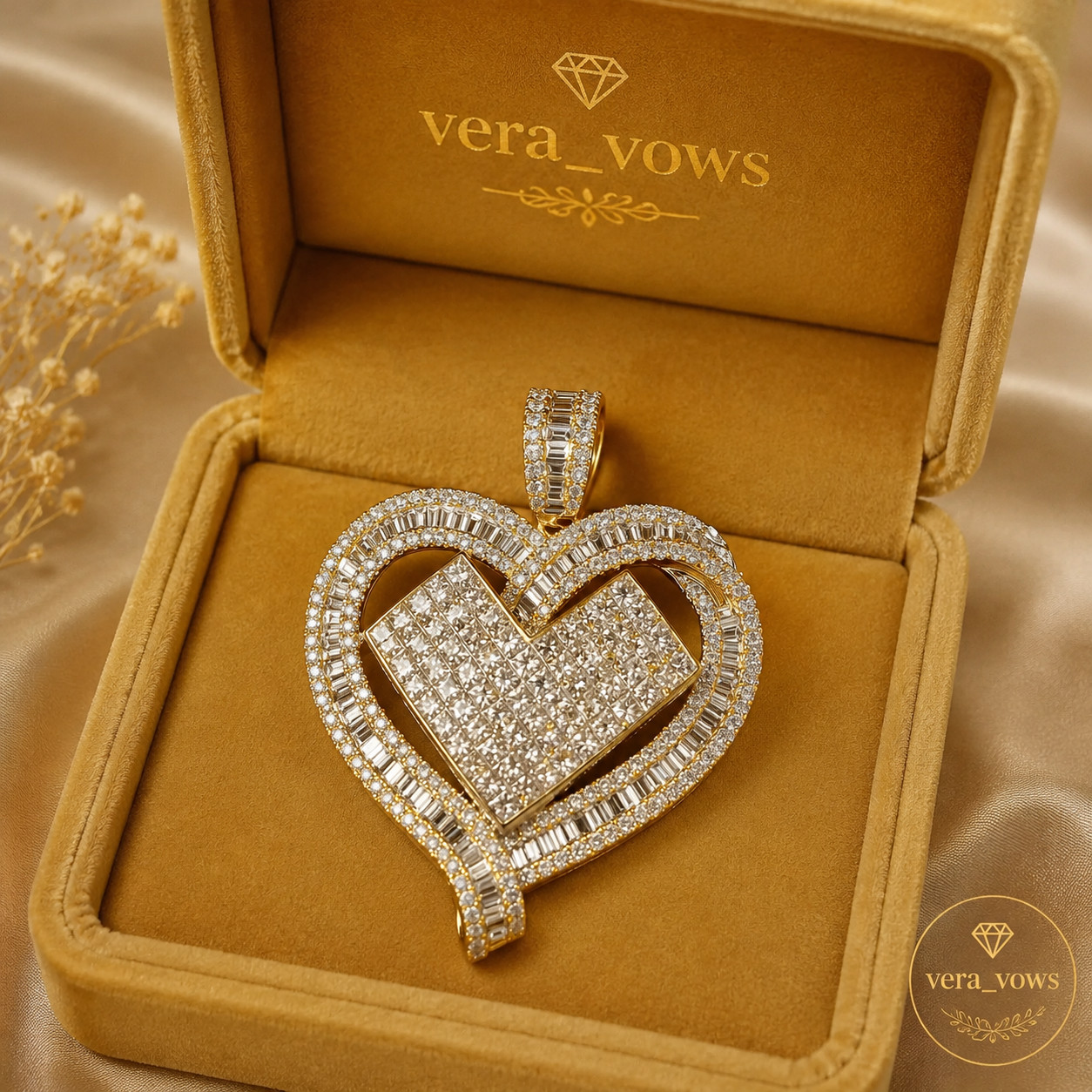 Women’s Princess Cut Real Moissanite Heart Gift Pendant 14K Yellow Gold Plated