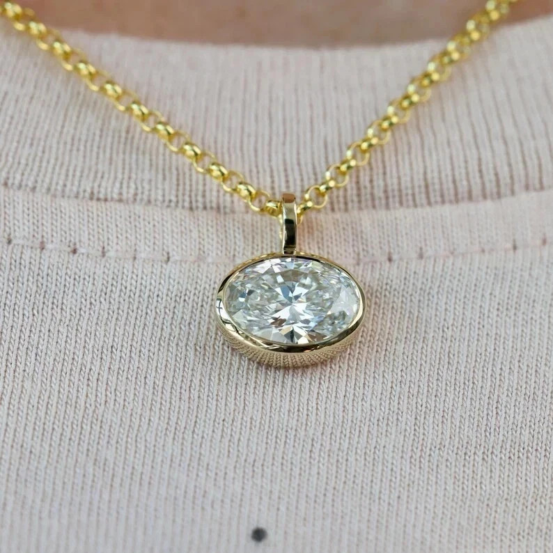 4CT Oval Cut Lab Created Diamond Women Bezel Set Pendant 14k Yellow Gold Plated