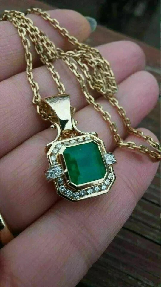 4 Ct Asscher Cut Lab-Created Emerald Women’s Halo Pendant 14K Yellow Gold Plated