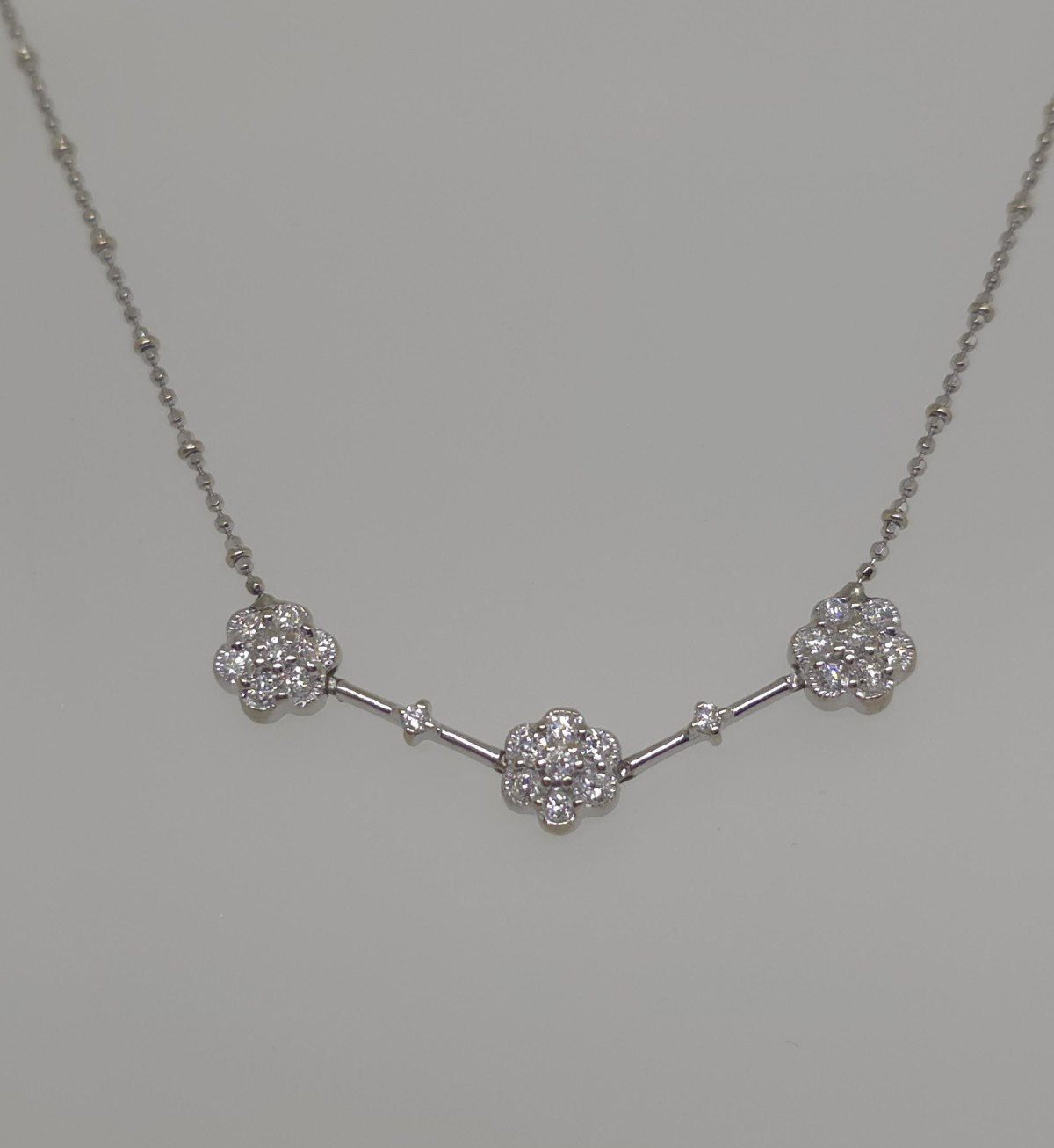 14k White Gold 3 Flower Natural Diamond Necklace 1.4 mm Sparkle Bead 18k Chain