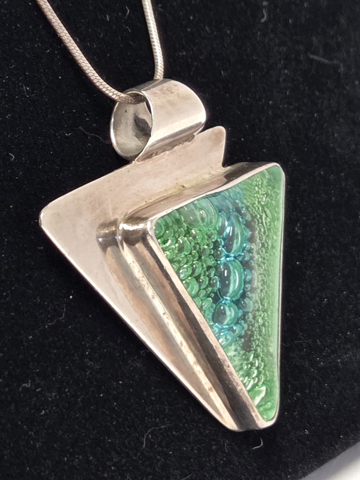 Dichroic Glass Sterling Silver Triangle Pendant Necklace 18″ Green Blue Bubbles