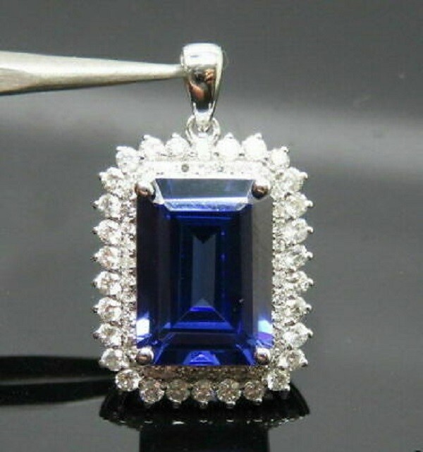 3Ct Emerald Cut Blue Sapphire Double Halo Pendant 14K White Gold Over Free Chain