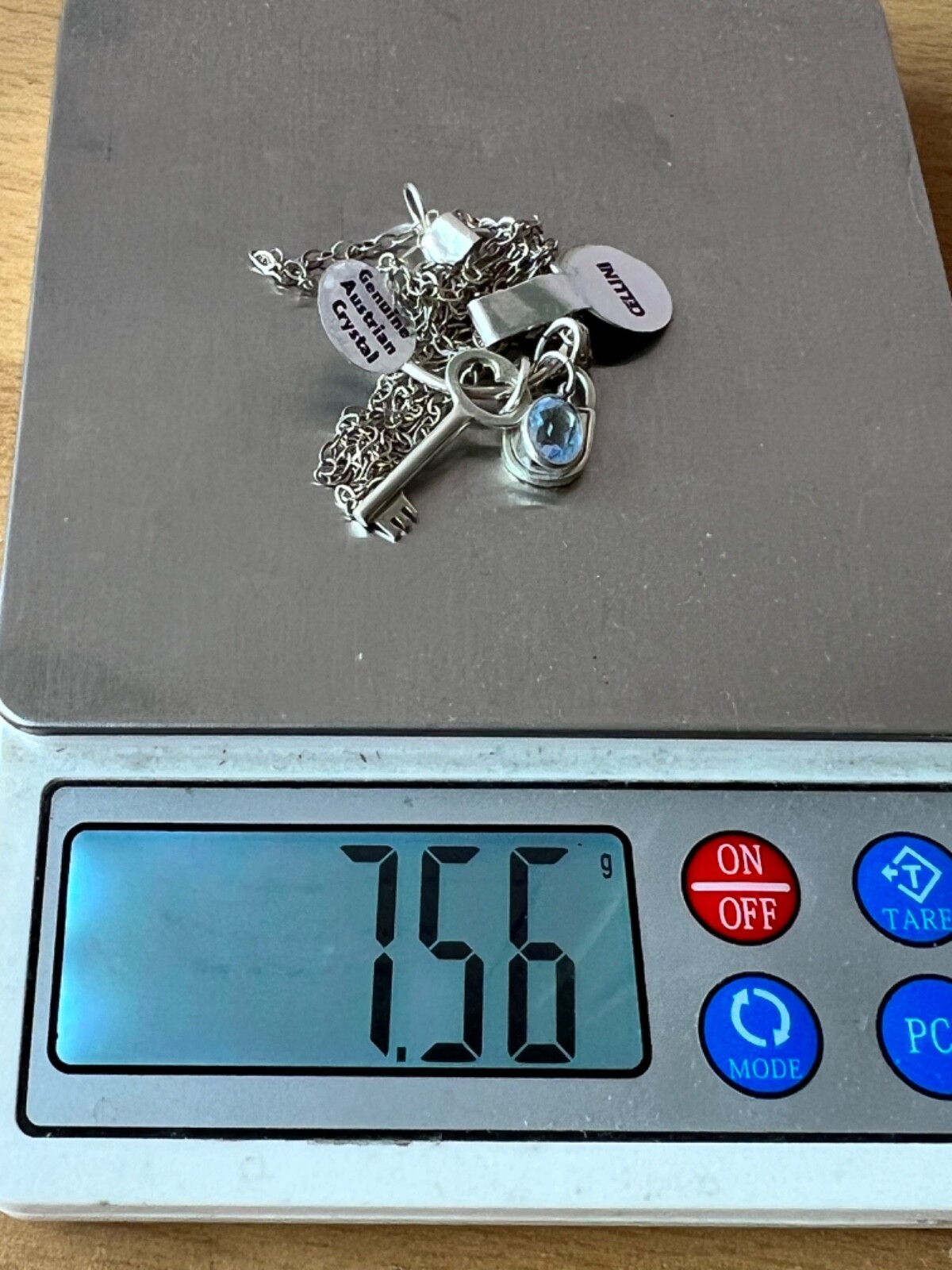 KEY, LOCK, BLUE CRYSTAL LARIAT PENDANT NECKLACE LONG CHAIN 925 STERLING SILVER