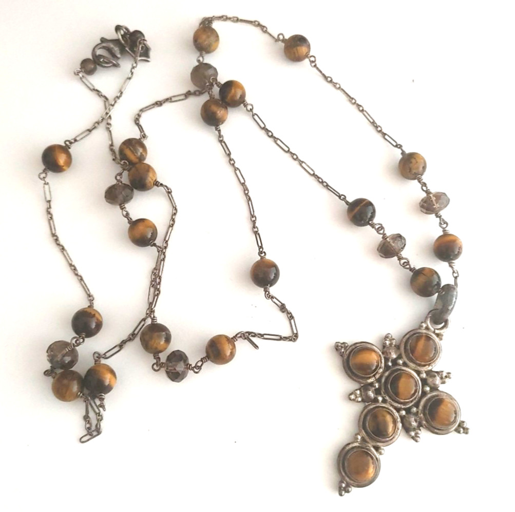 Sterling Silver Tiger’s Eye CROSS Pendant Necklace Rosary Style Chain Signed 32”