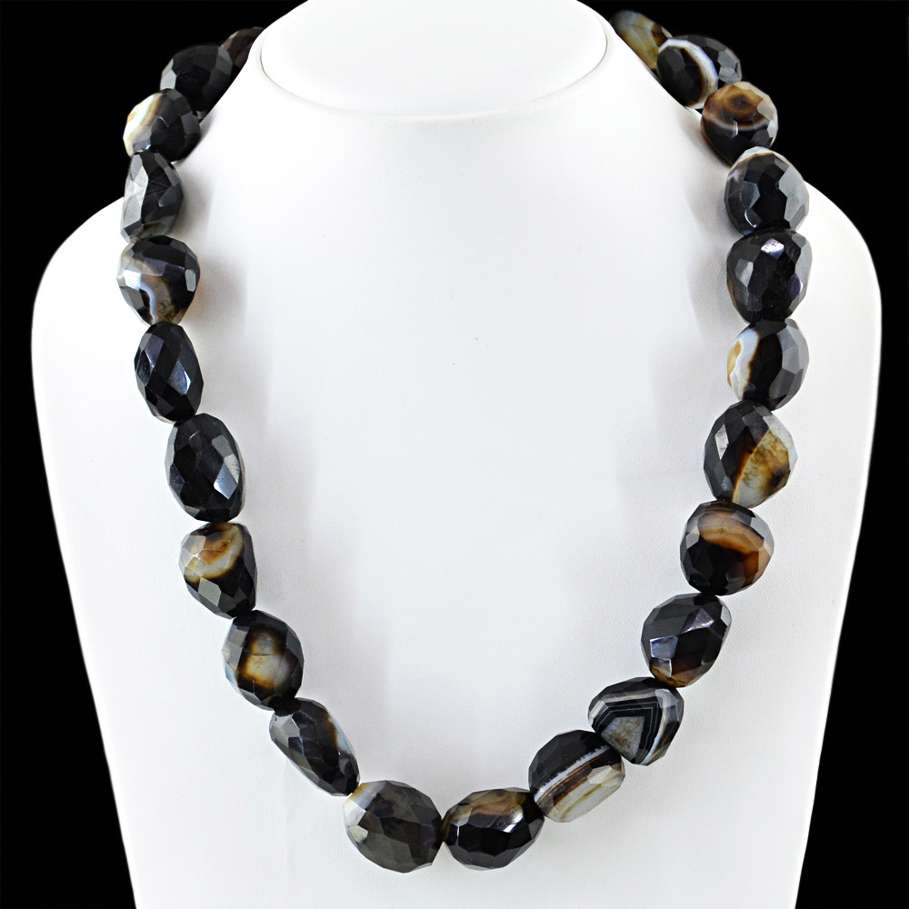 927.00 Cts Earth Mined Black Onyx Untreated Faceted Beads Hand Made Necklace