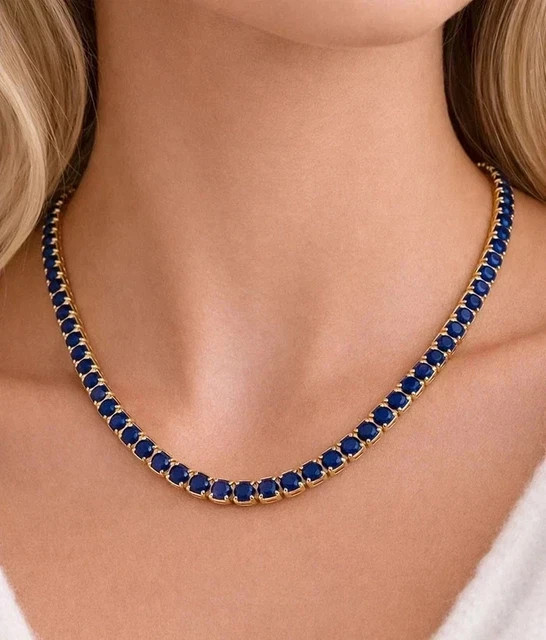 4MM Round Cut Lab Created Blue Sapphire Tennis necklace 14k Yellow Gold Plated