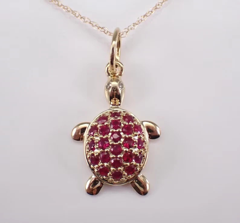 0.80Ct Round Cut Lab-Created Red Ruby Turtle Pendant 14K Yellow Gold Plated
