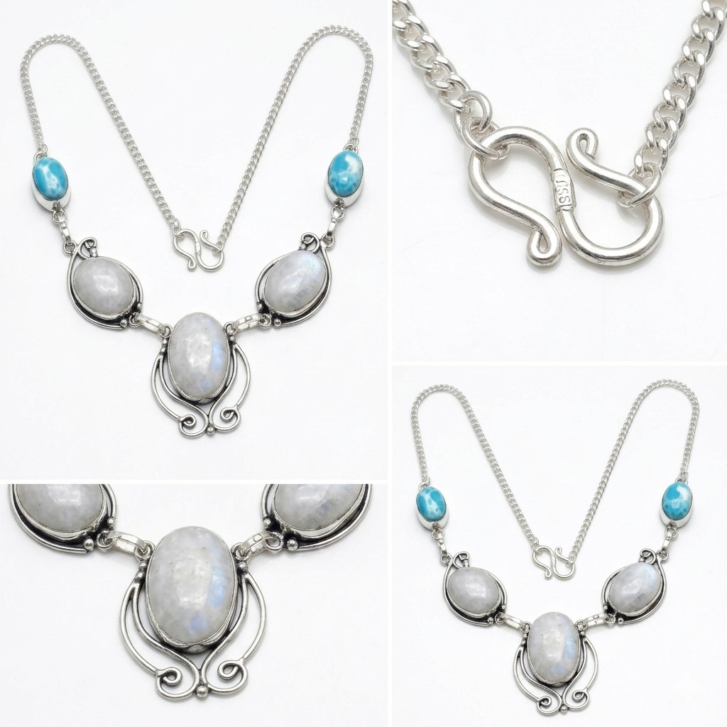 Genuine Moonstone, Larimar Necklace 925 Sterling Silver Women Gift Jewelry S-18