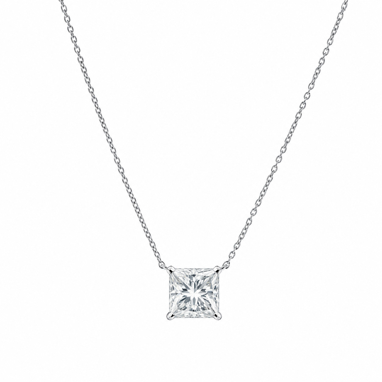 1 Ct Princess Lab Created Grown Floating Diamond E/VS Necklace 14K White Gold