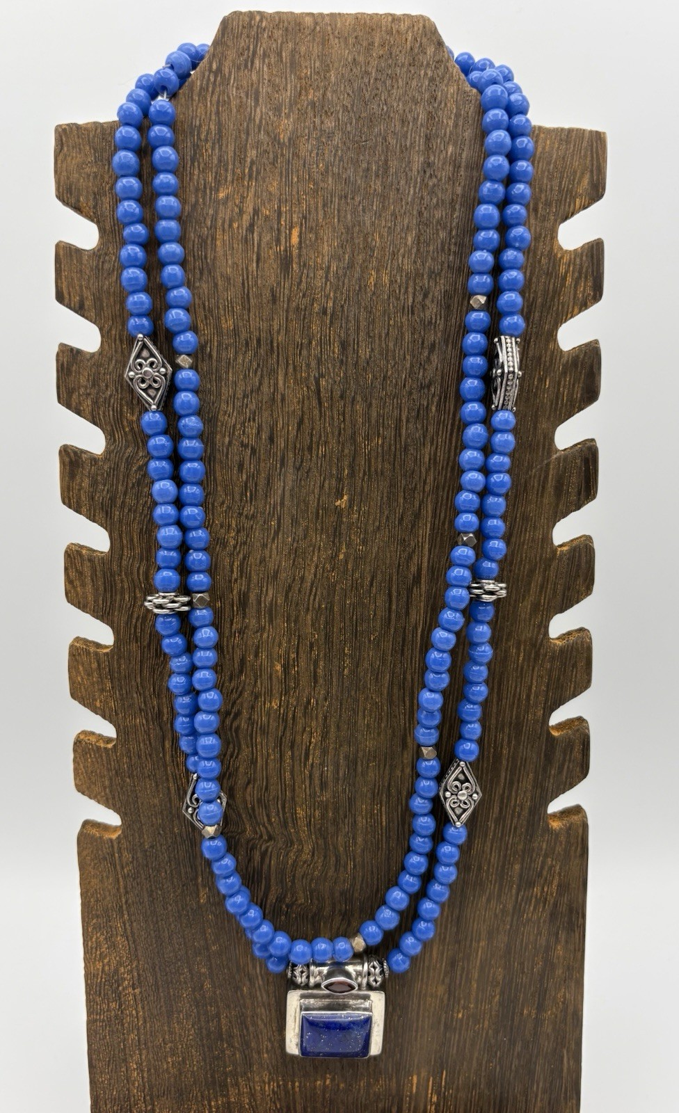 Sterling Silver & Lapis Necklace Double Strand Dyed Stone Beads Magnetic Close