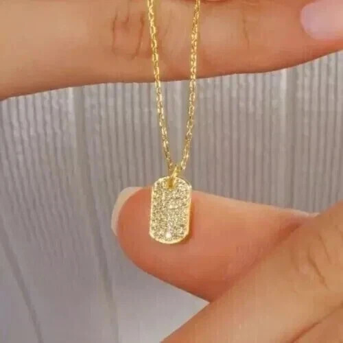 1Ct Round Cut Lab Created Diamond Dog Tag Pendant Chain 14K Yellow Gold Plated