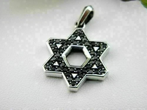 14K White Gold Plated Round Lab Created Black Diamond Star Pendant Free Chain