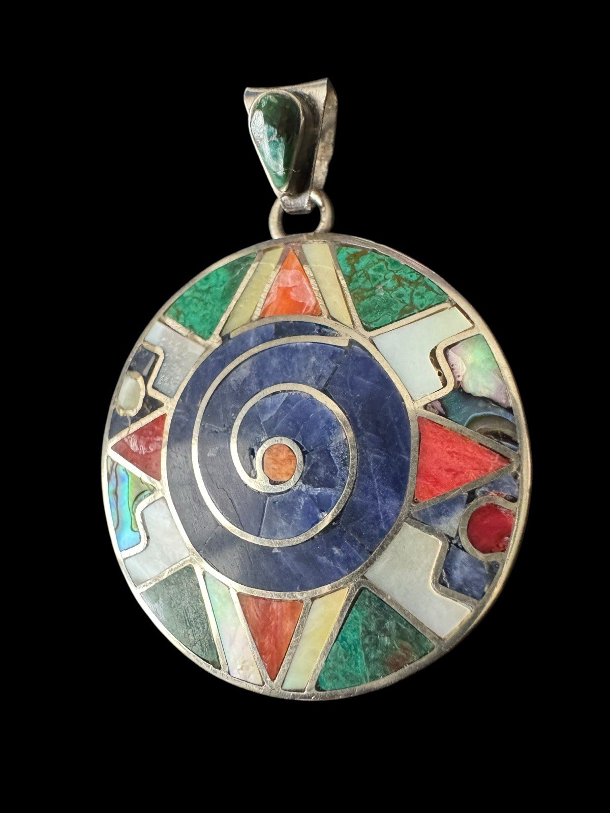 VTG 950 Sterling Silver Gemstone Inlay Peruvian Pendant Swirl Green Blue Red S1