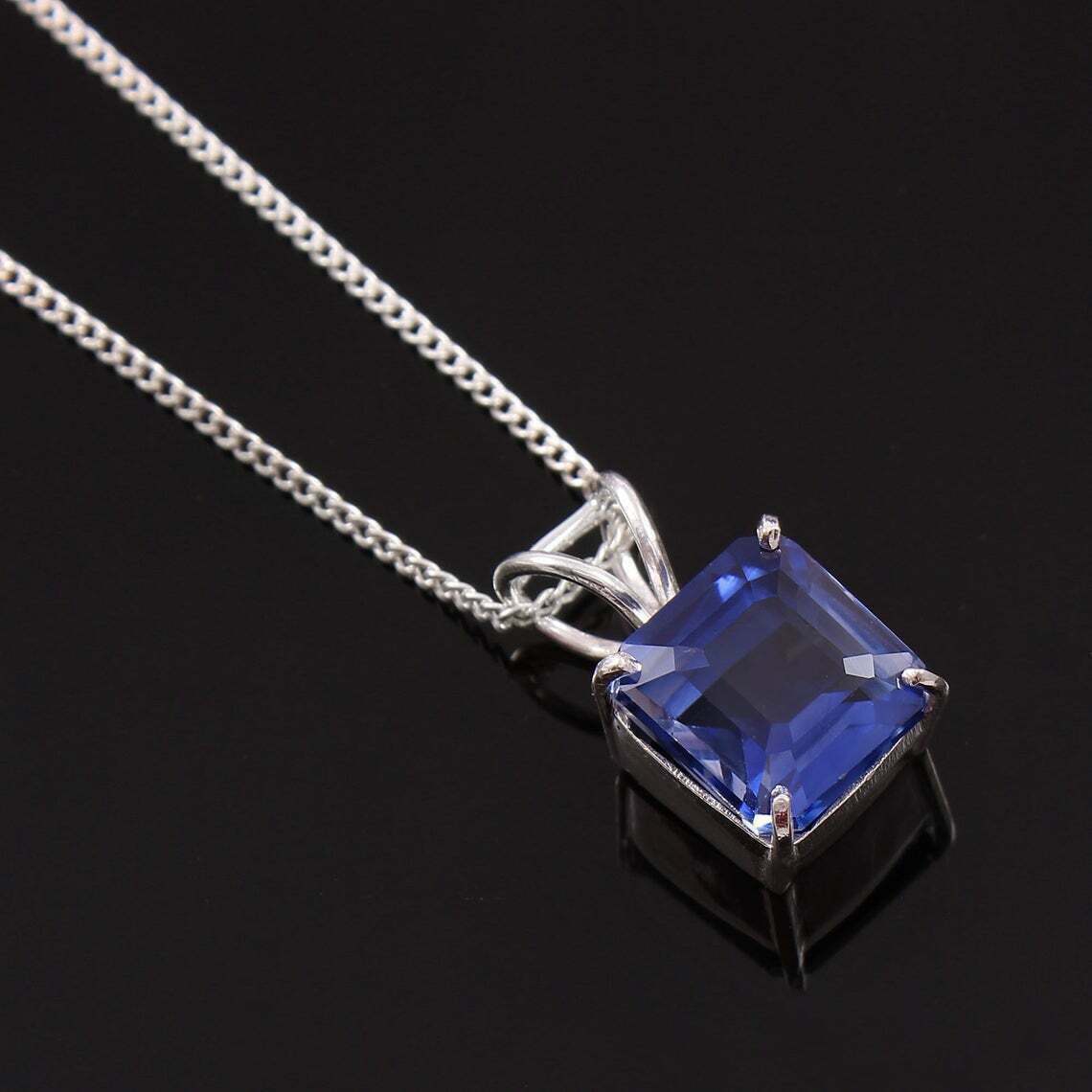 2Ct Asscher Cut Blue Sapphire Solitaire Pendant 14K White Gold Finish Free Chain