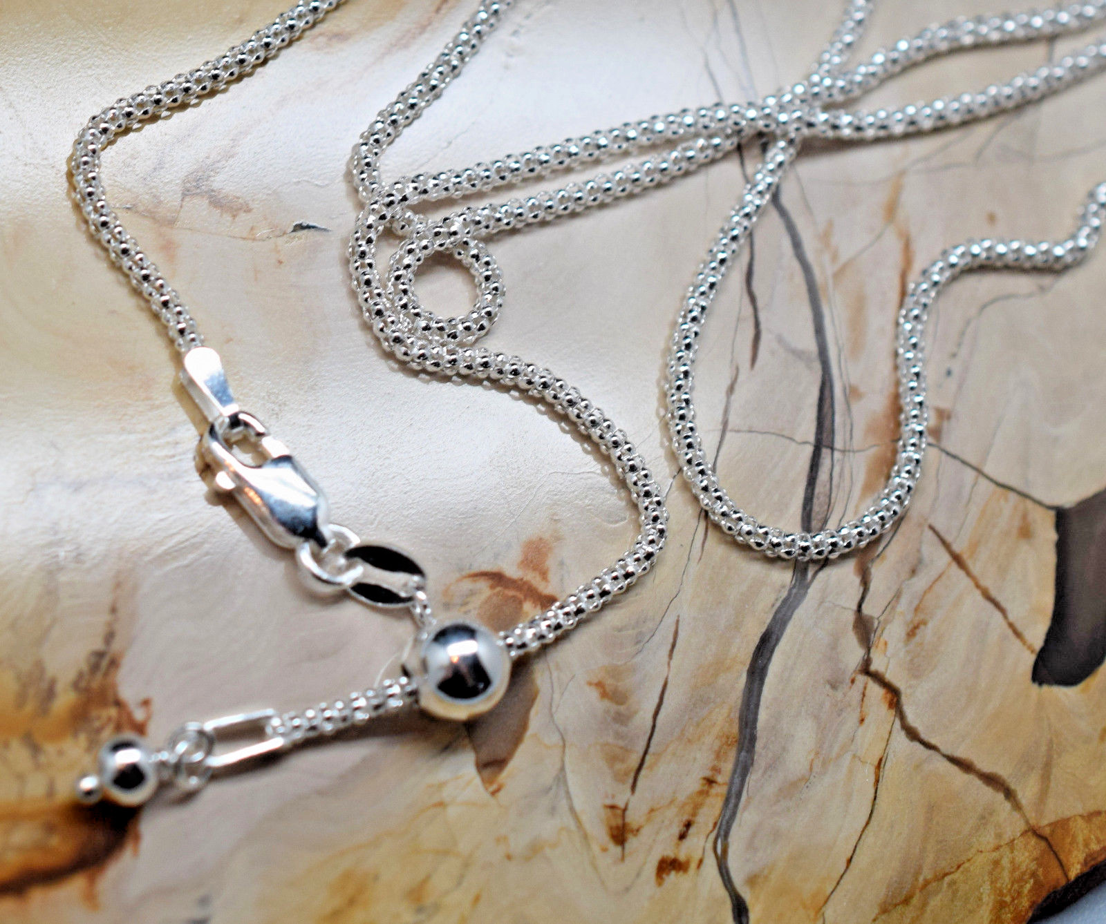 1.8 mm Adjustable Popcorn Chain Necklace Solid 925 Sterling Silver Ball Slide