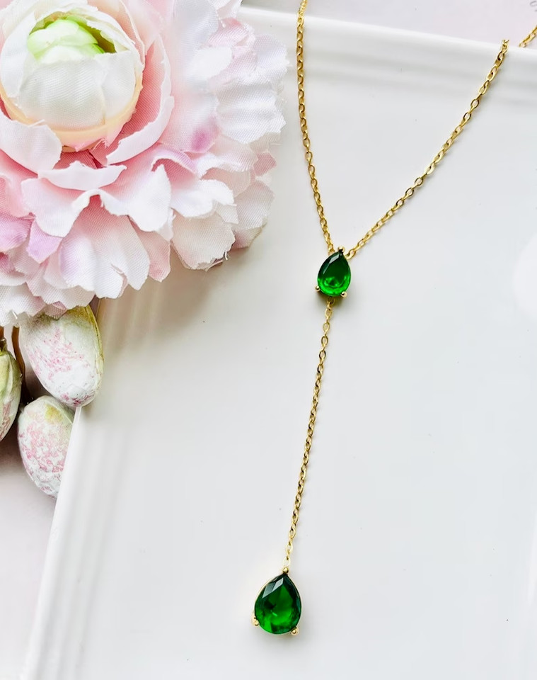 4Ct Pear Lab-Created Green Emerald Lariat Teardrop Necklace 14K Yellow Gold Over