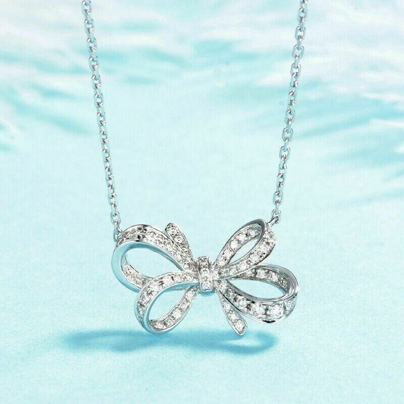 1.00Ct Round Cut Diamond Bow Knot Pendant 14K White Gold Finish 18″ Free Chain