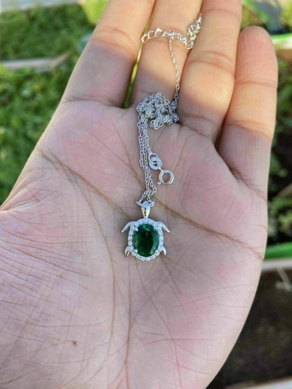 1Ct Oval Cut Lab-Created Emerald Turtle Pendant 14K White Gold Finish