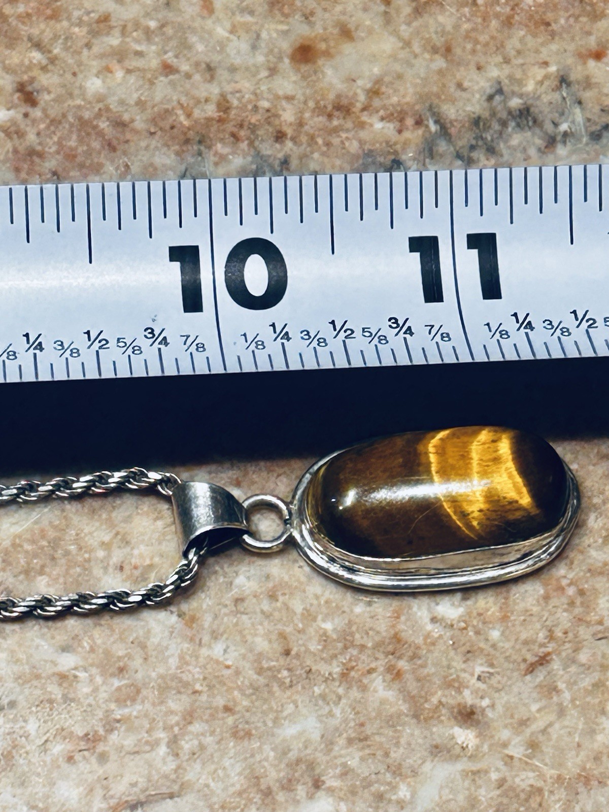 Large Oval Tigers Eye Pendant Necklace On Thick Sterling Rope Chain 19.62 Gr