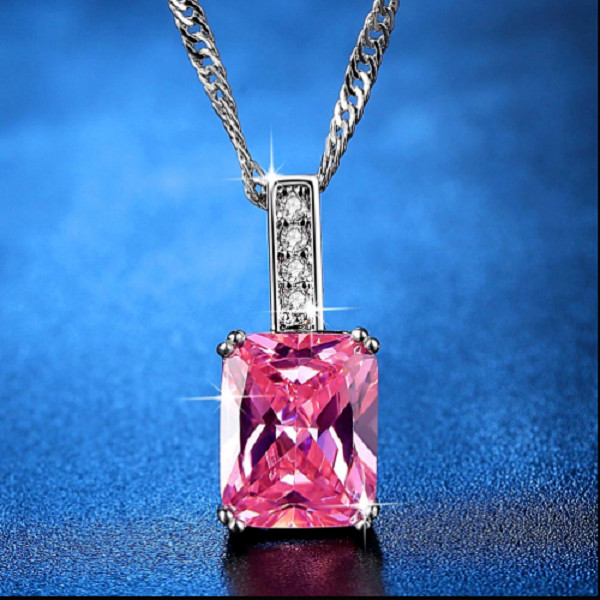 4Ct Emerald Cut Pink Diamond Solitaire Pendant 14K White Gold Finish Free Chain