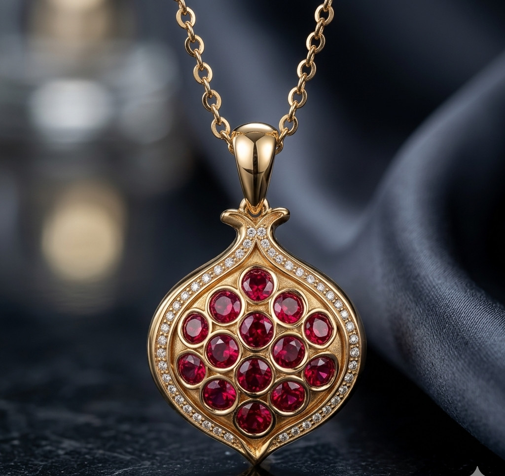 14K Gold Plated Lab Created Garnet Pomegranat Shape Pendant Necklace for Womens