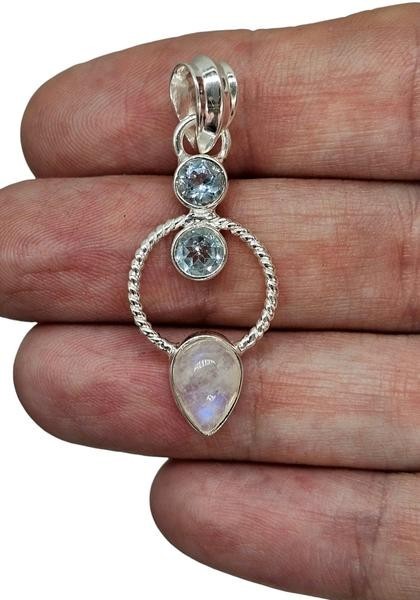 Rainbow Moonstone & Blue Topaz Pendant, Sterling Silver, June and December Birth