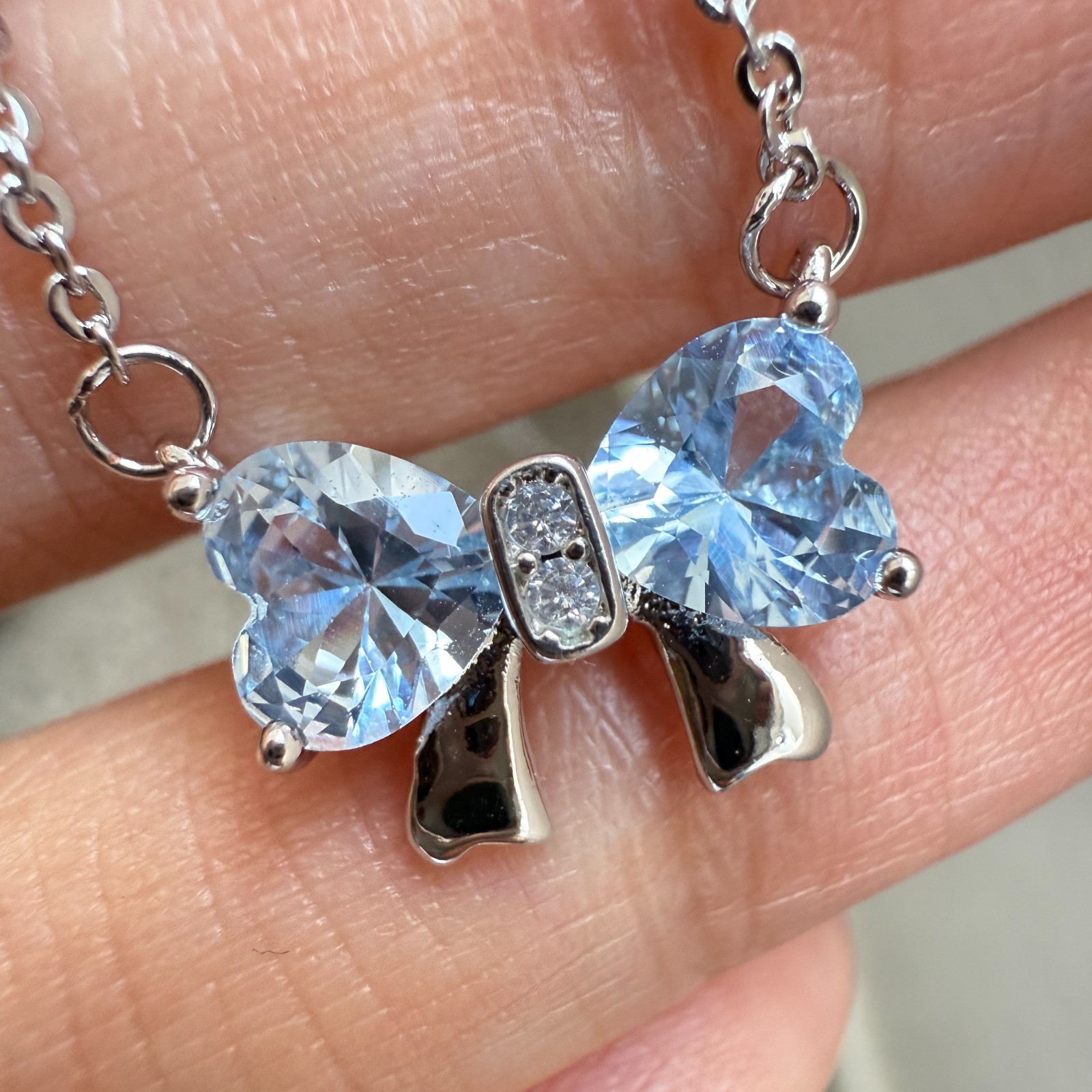 925 Sterling Silver Necklace 6mm Heart Natural Topaz Gemstone Zircon Chain Bow