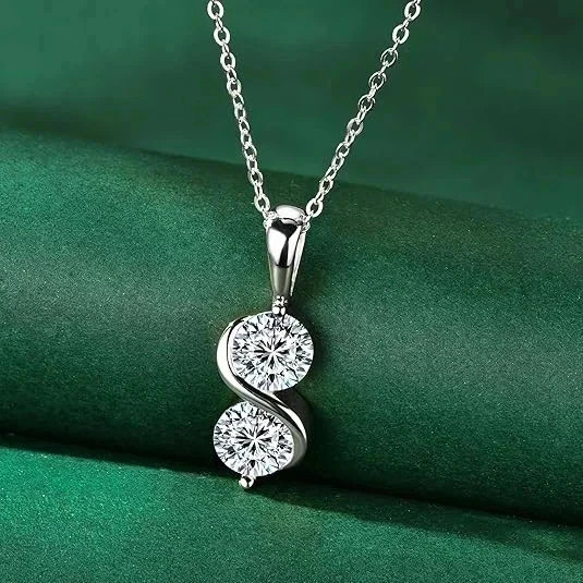 3.50Ct Real Moissanite Round Cut Two Stone Pendant 14K White Gold Plated Silver