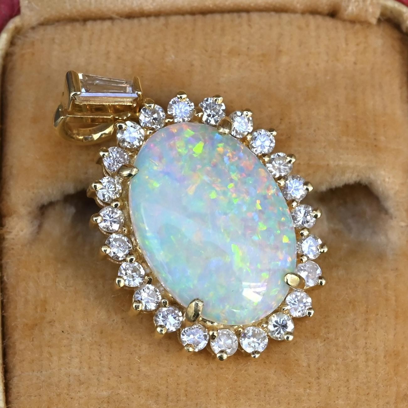 IGI Certified 2.45 CT Natural Opal & Diamond Halo Pendant in 18K Yellow Gold