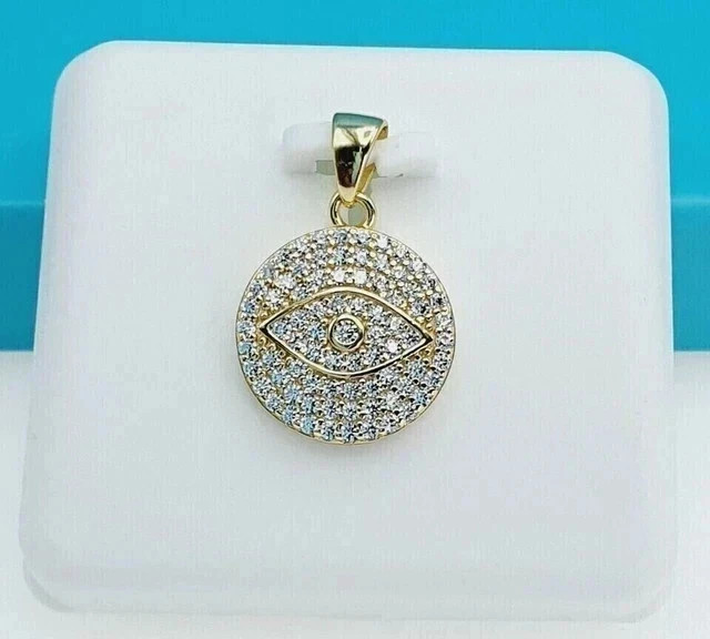 Real Moissanite 3Ct Round Cut Cluster Evil Eye Pendant 14K Yellow Gold Plated