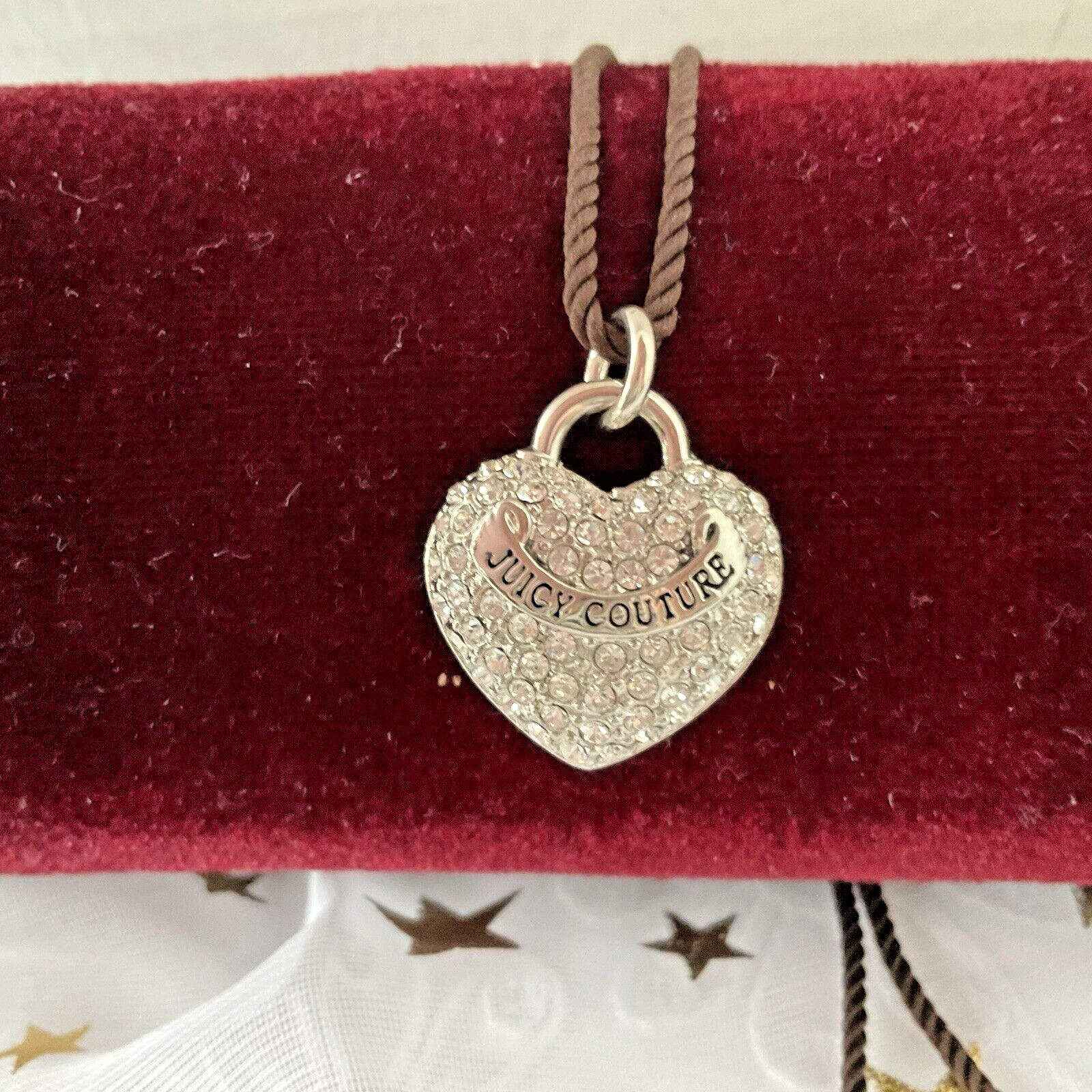 Juicy Couture Heart Pendant Necklace Brown Braided 14″ Rope Cord Pave Rhinestone