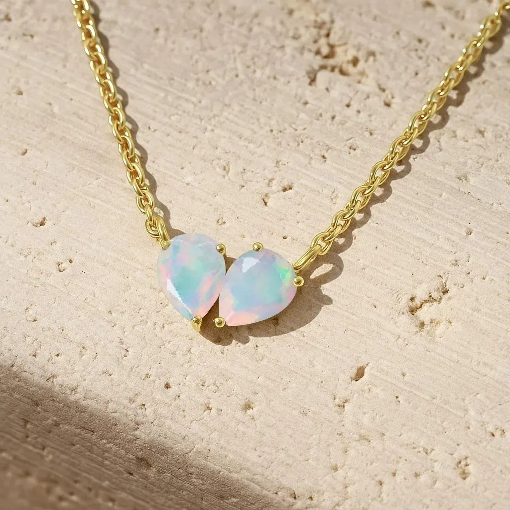 AAA White Opal Dual Pear Gemstone Necklace, Ethiopian Opal Gold Chain Pendant