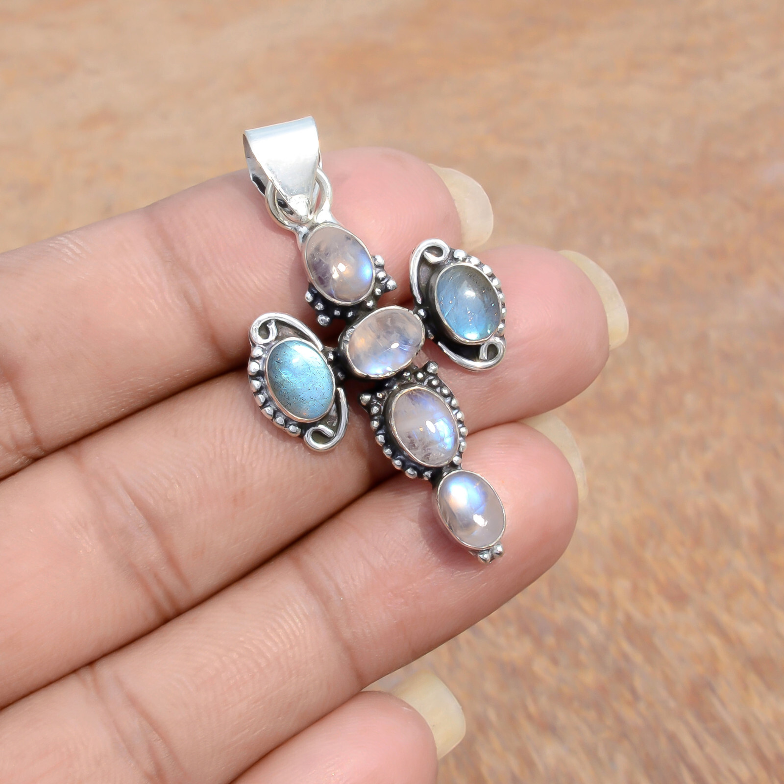 Labradorite & Moonstone Gemstone 925 Sterling Silver Cross Beauty Art Pendant