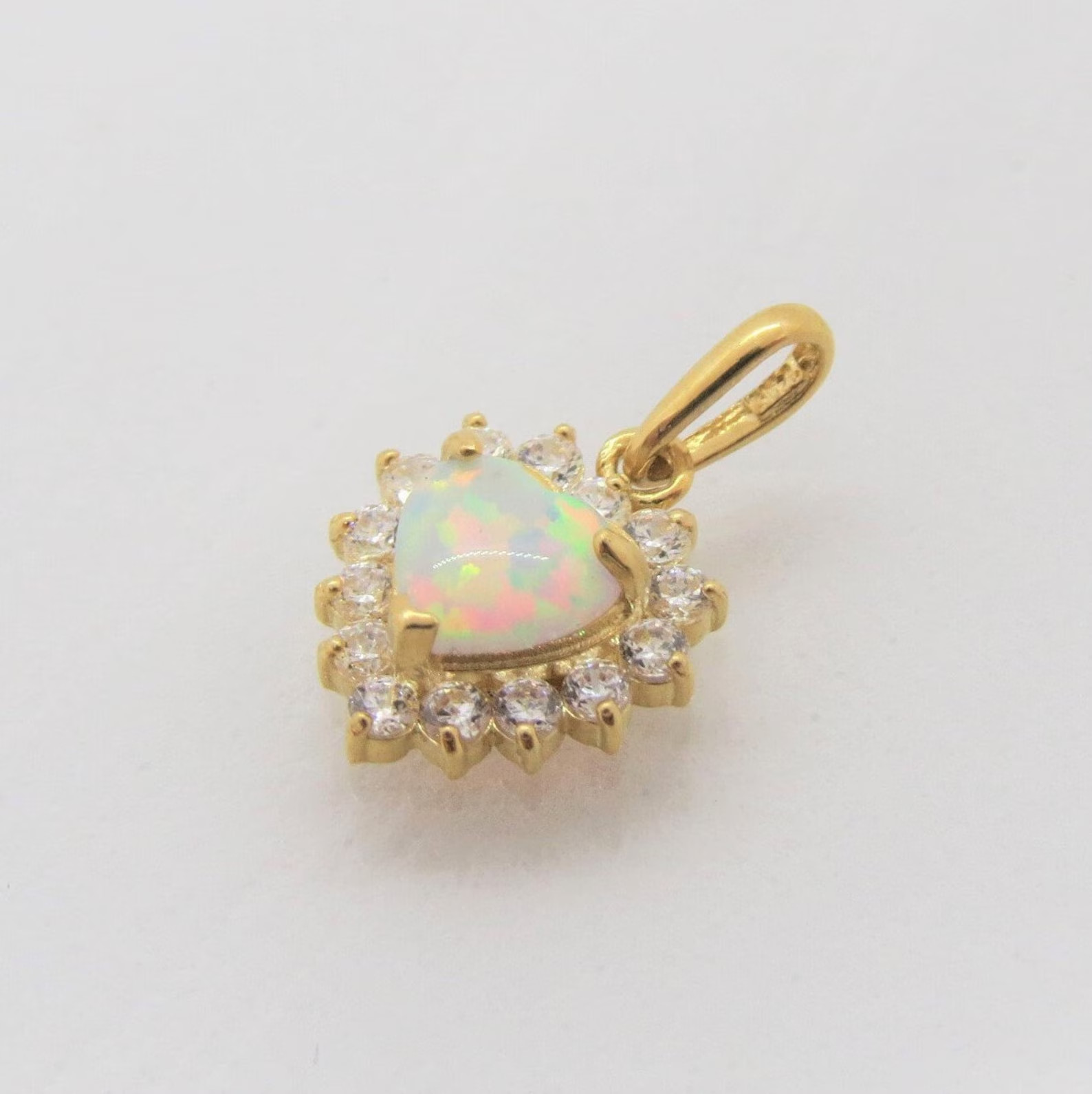 White Opal & White Topaz Heart Tiny Pendant 9k Solid Yellow Gold Gift For love