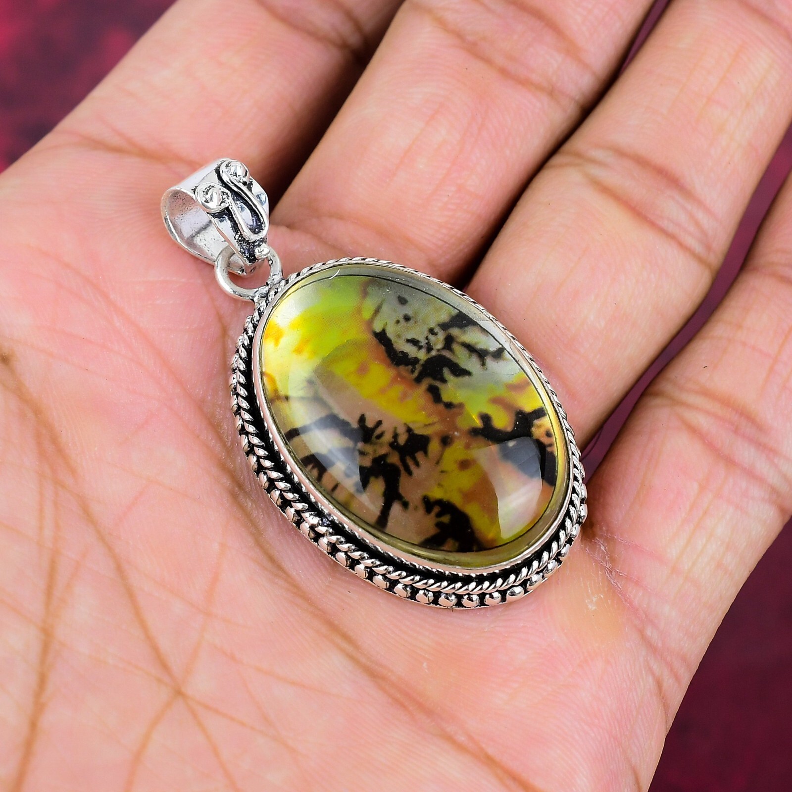 Russian Dendritic Gemstone Handmade 925 Sterling Silver Pendant Jewelry