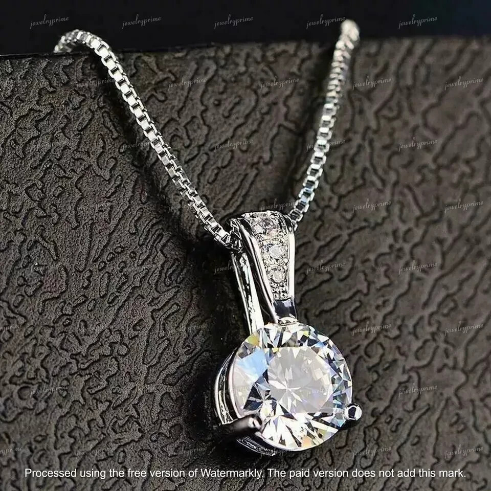 3Ct Round Cut Lab-Created Diamond Solitaire Pendant 14K White Gold Plated Silver
