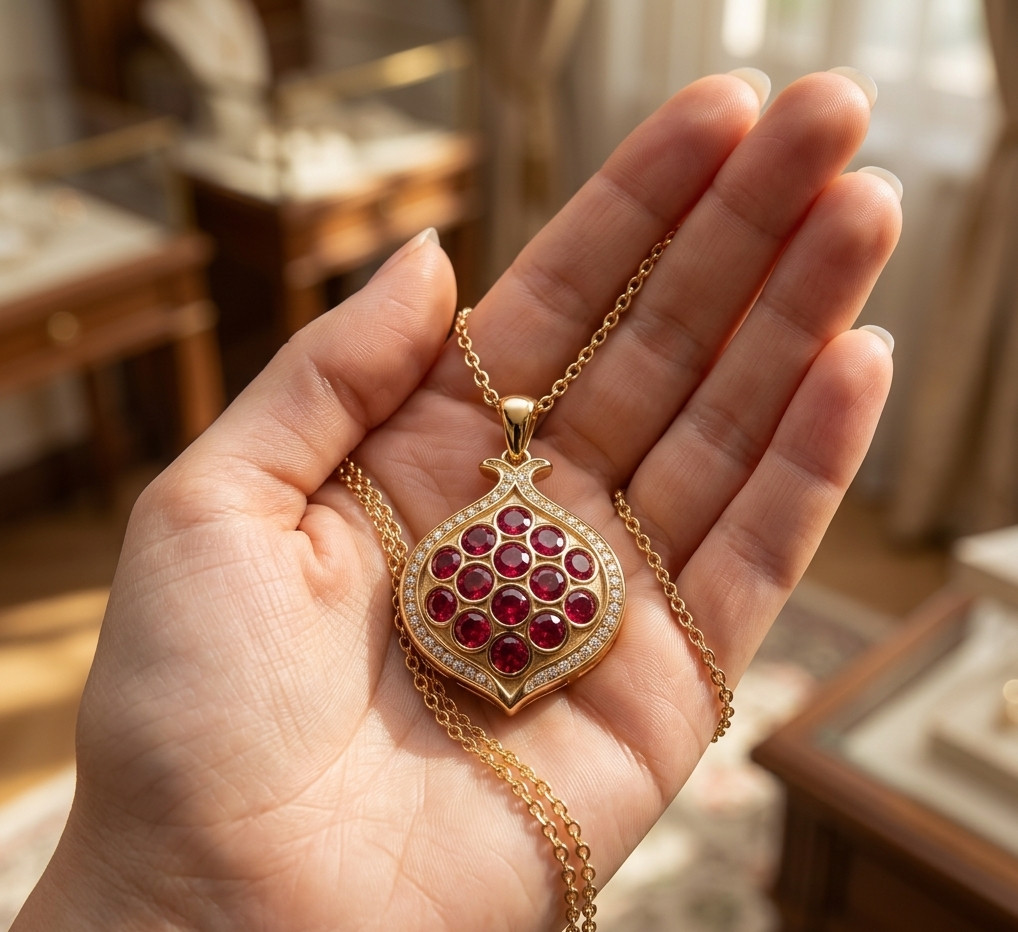 14K Gold Plated Lab Created Garnet Pomegranat Shape Pendant Necklace for Womens