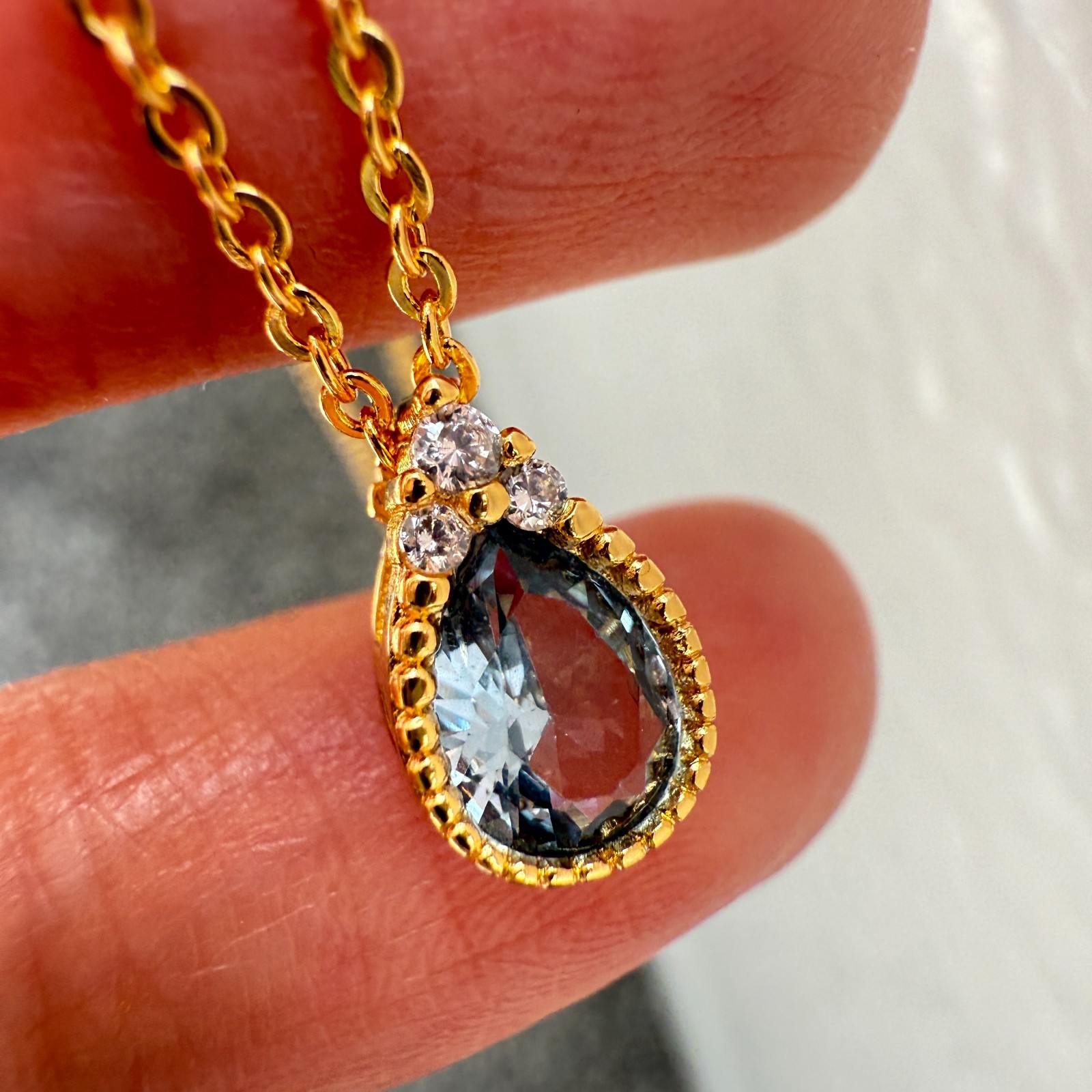 925 Sterling Silver Necklace 8x6mm Natural Aquamarine Zircon 14K Gold Plated NEW