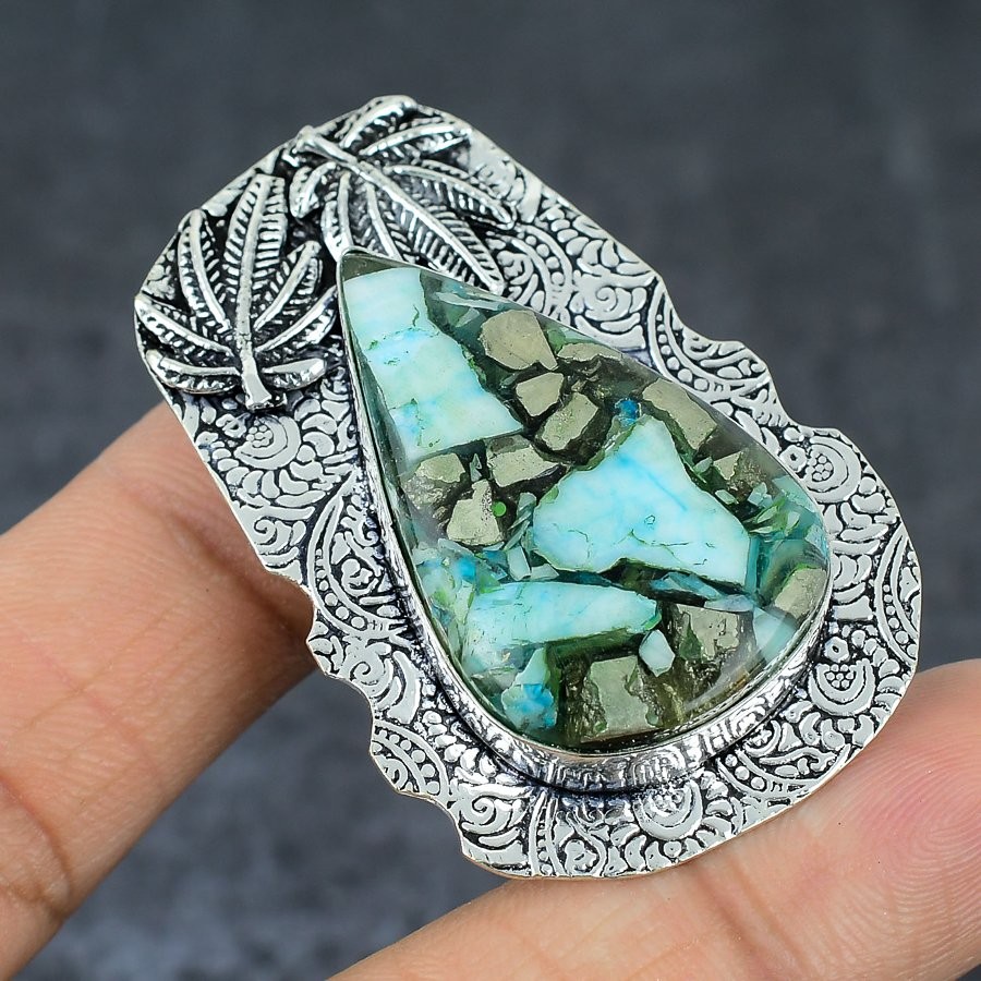 Copper Amazonite Gemstone Handmade 925 Sterling Silver Gift Pendant 2.17″ W696