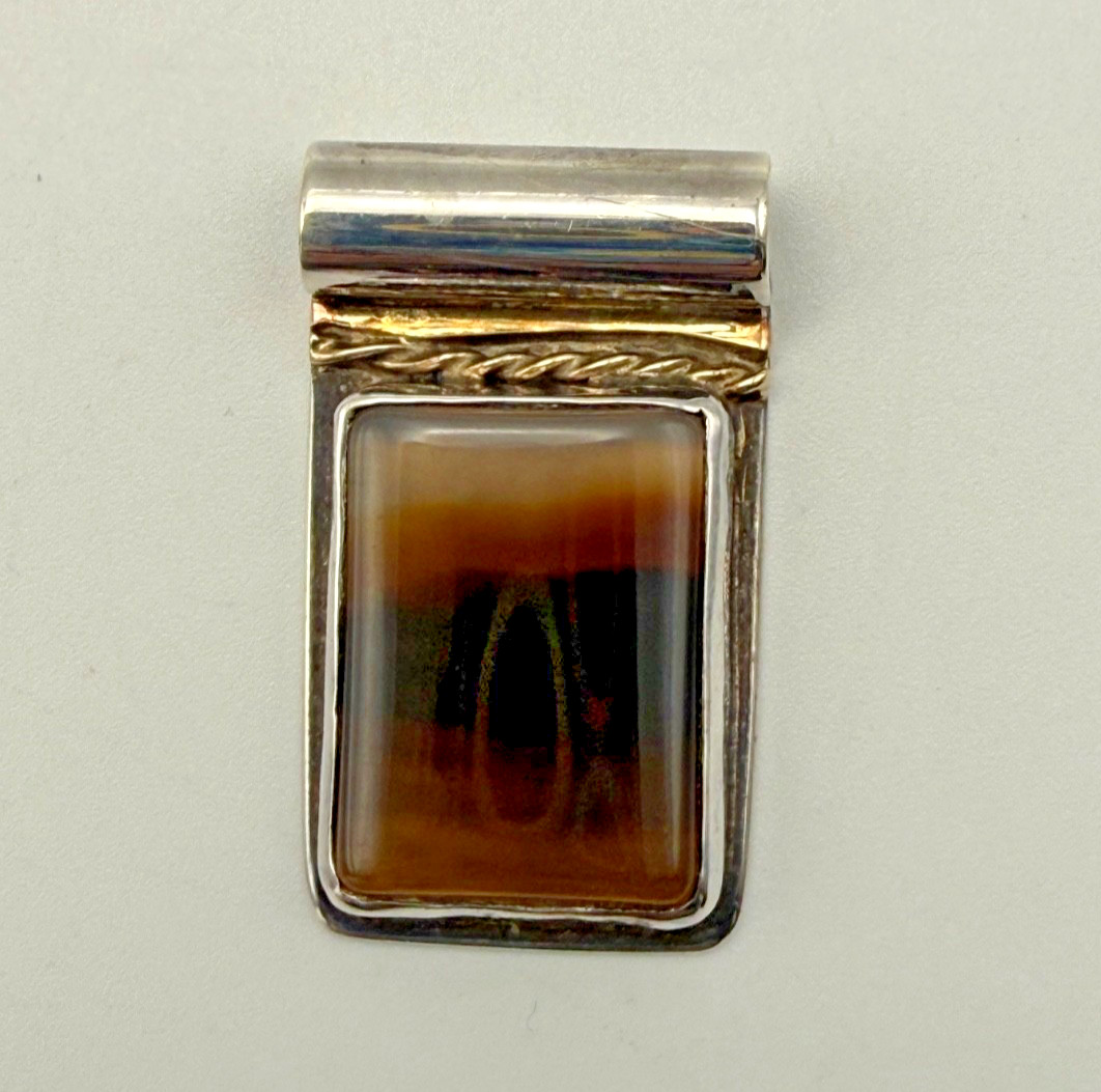 Vintage Italy 14K Sterling Silver Banded Stone Slide Pendant Mixed Metal