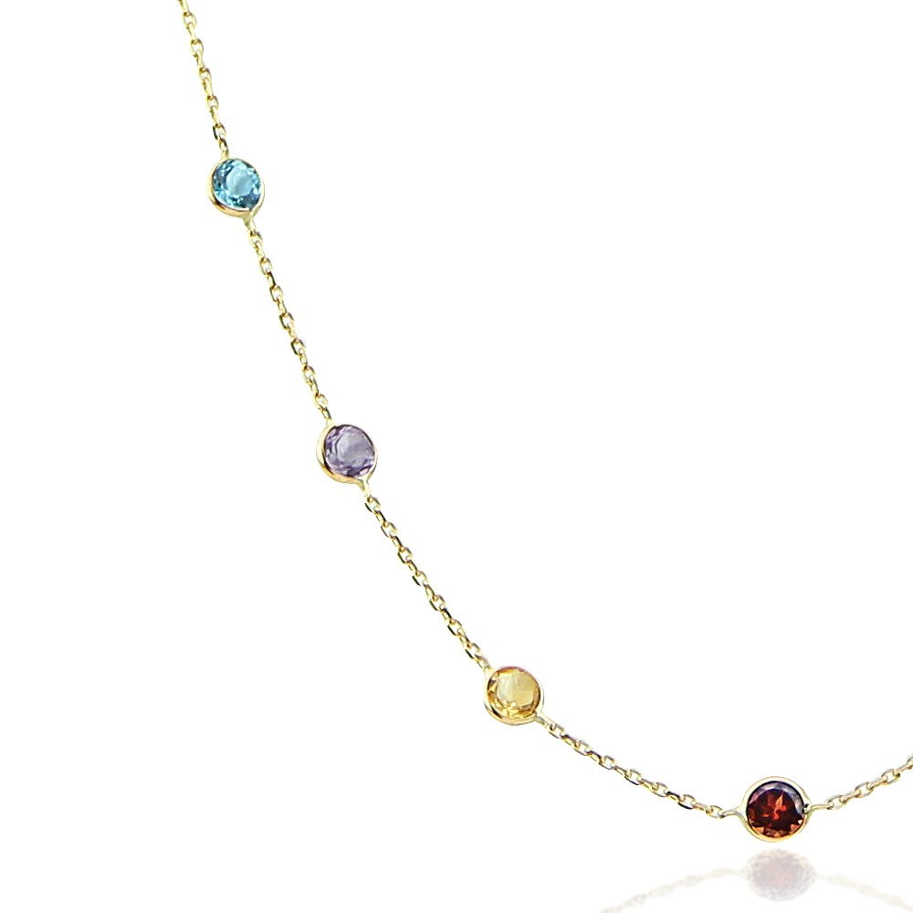 14K Yellow Gold Round Multi-Gemstones Necklace 24 Inches