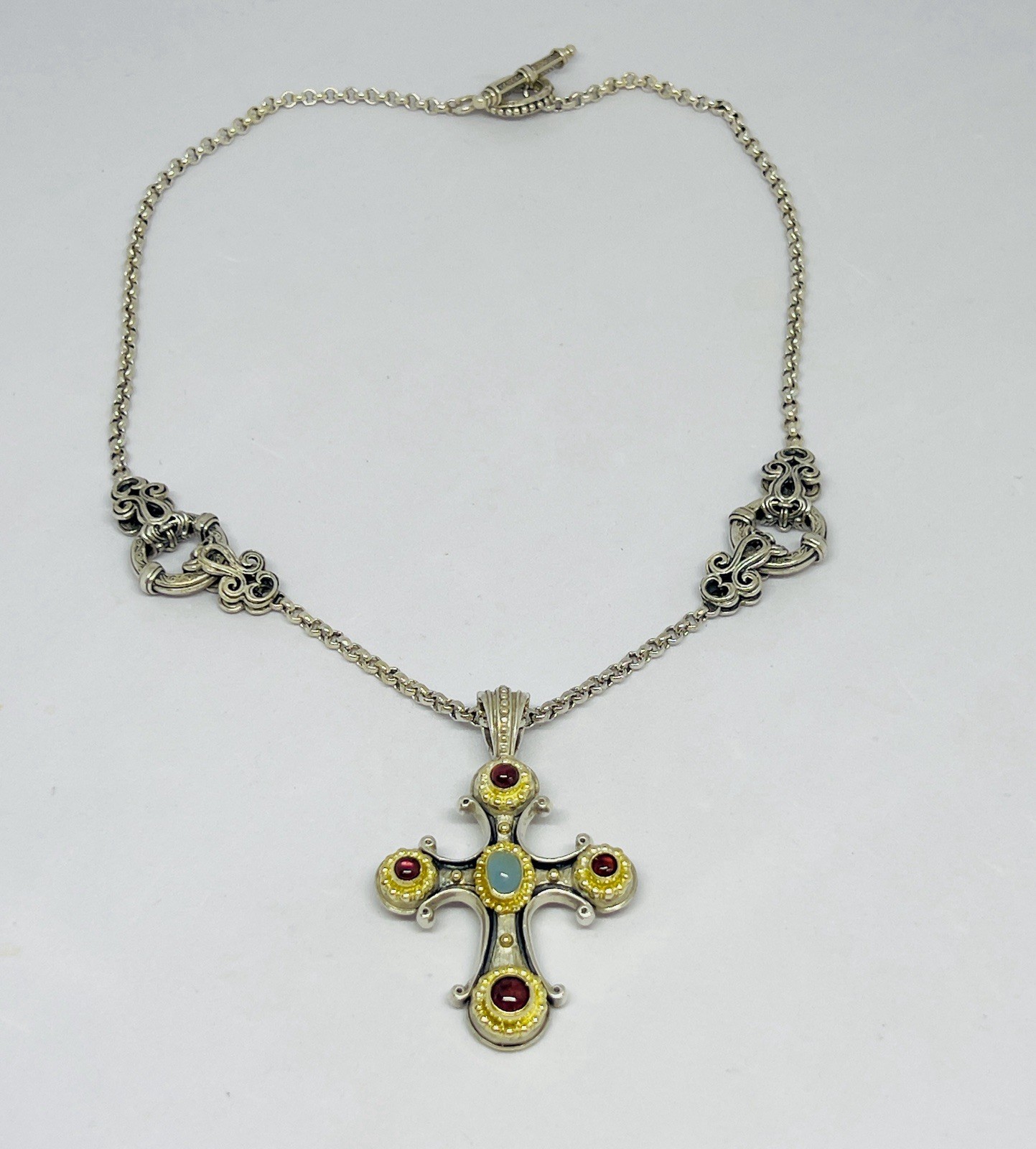 Konstantino 925 750 Aquamarine Pink Tourmaline Cross Pendant 18″ Toggle Chain