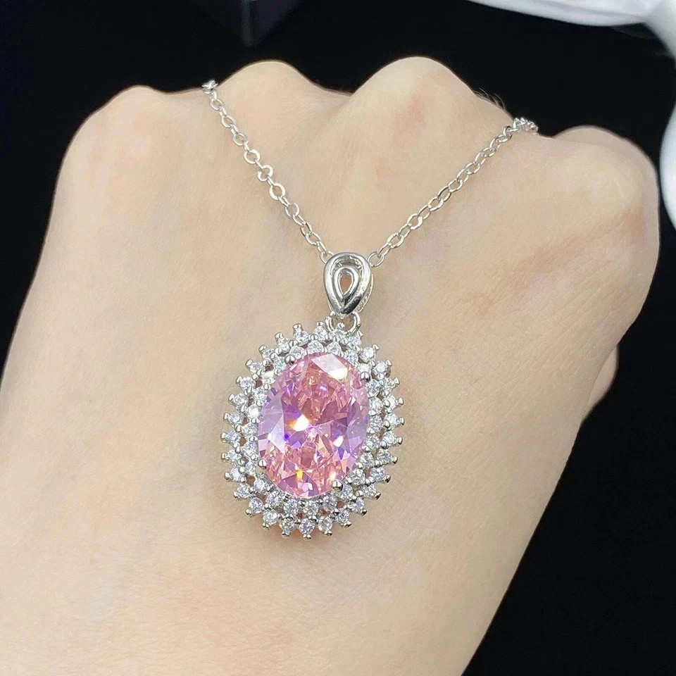 7.00Ct Oval Cut Natural Pink Sapphire & Diamond 14K White Gold Luxury Pendant