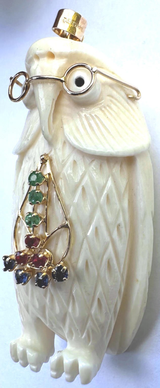 Beautiful 14K 585 Gold Wise Owl Pendant with Glasses and Multiple Color Stones