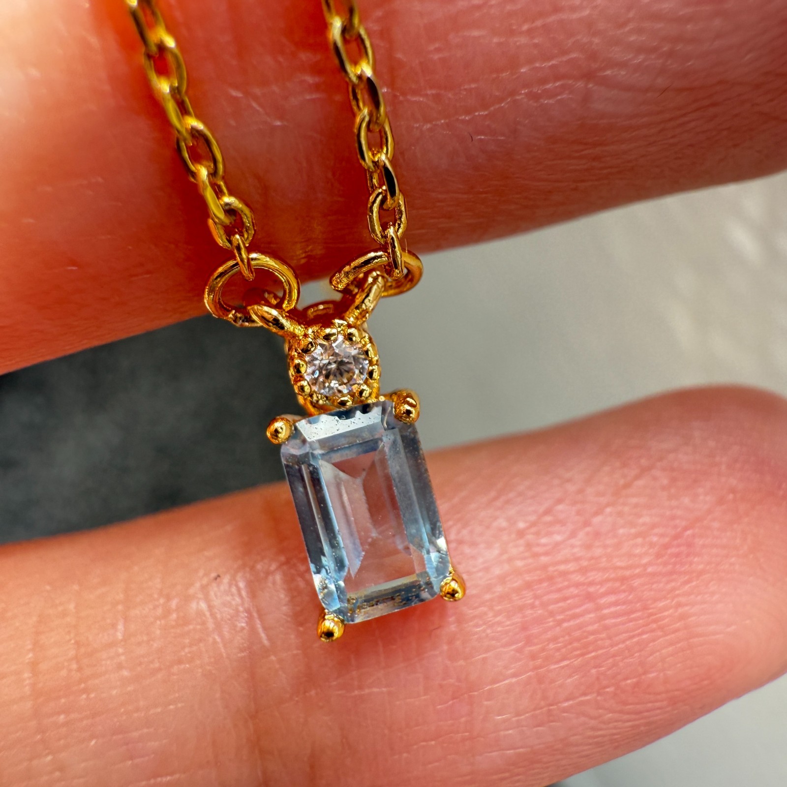 925 Sterling Silver Necklace 6x4mm Natural Blue Aquamarine 14K Gold Plated Chain